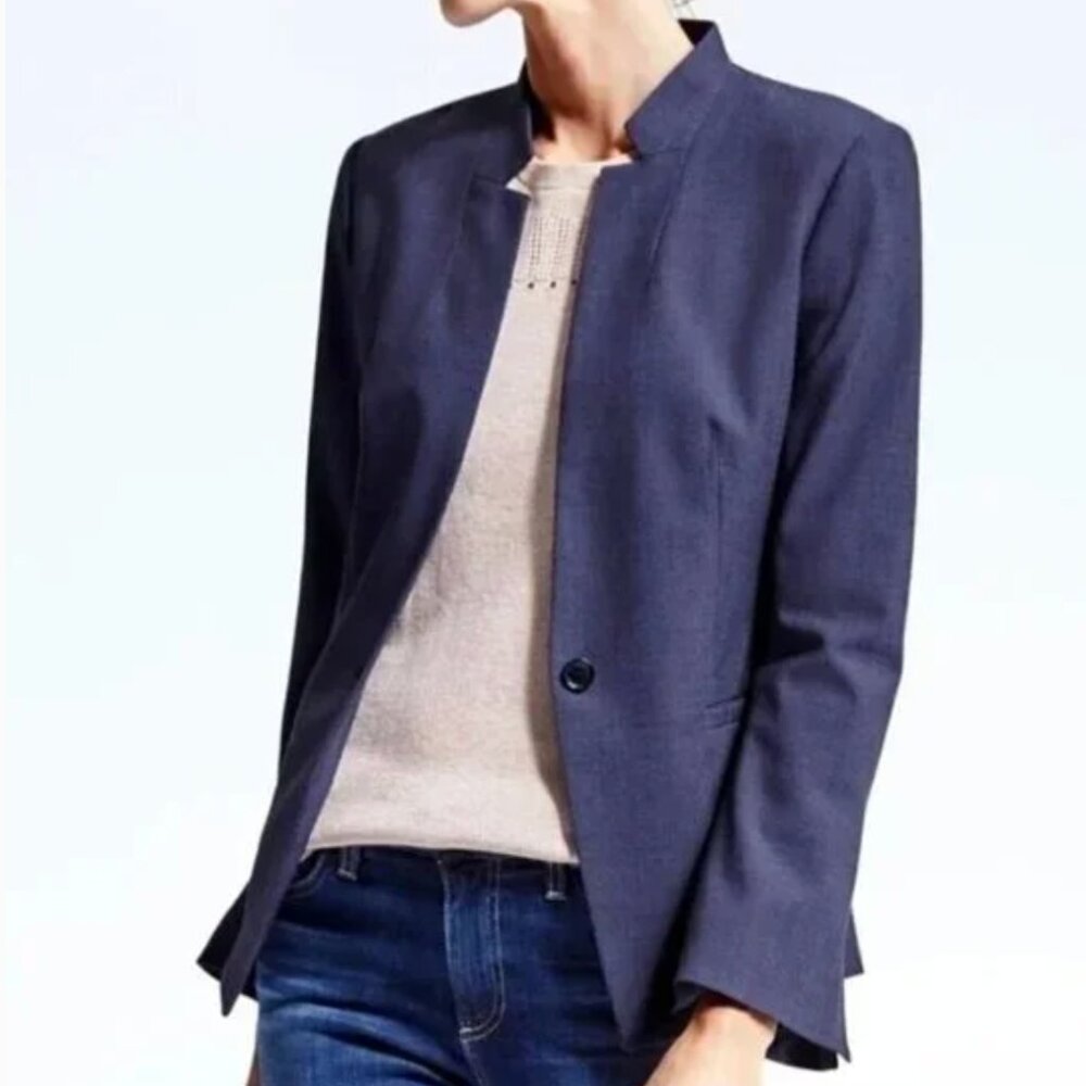 Banana Republic Inverted Collar Long Lean Navy Blue Blazer Jacket 0 XS Xsmall